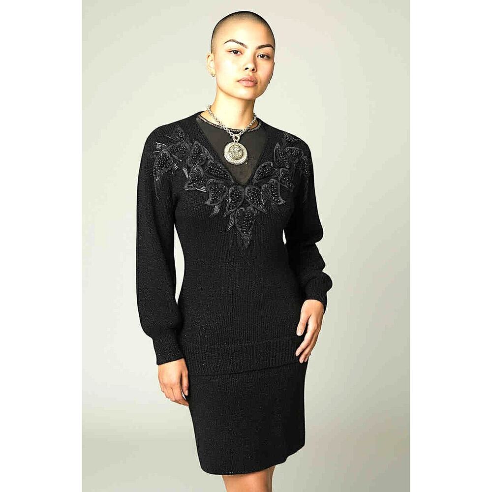 Vintage LIDO New York Black Knit Angora 2-Piece Sweater Skirt Set Outfit Size S